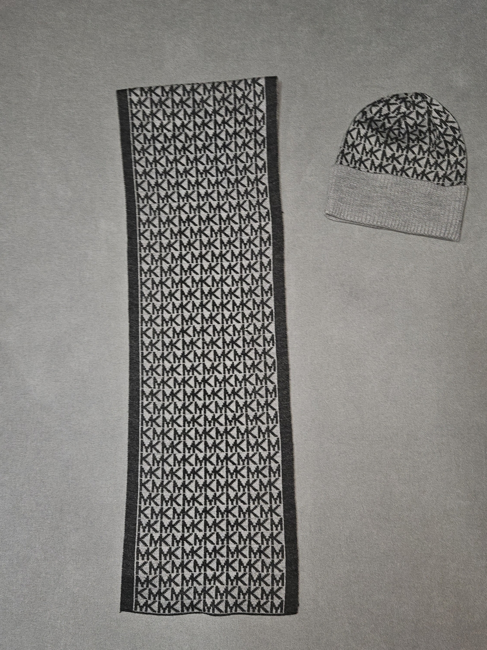 Michael Kors Gray and Black MK Logo Knit Scarf & Beanie Set